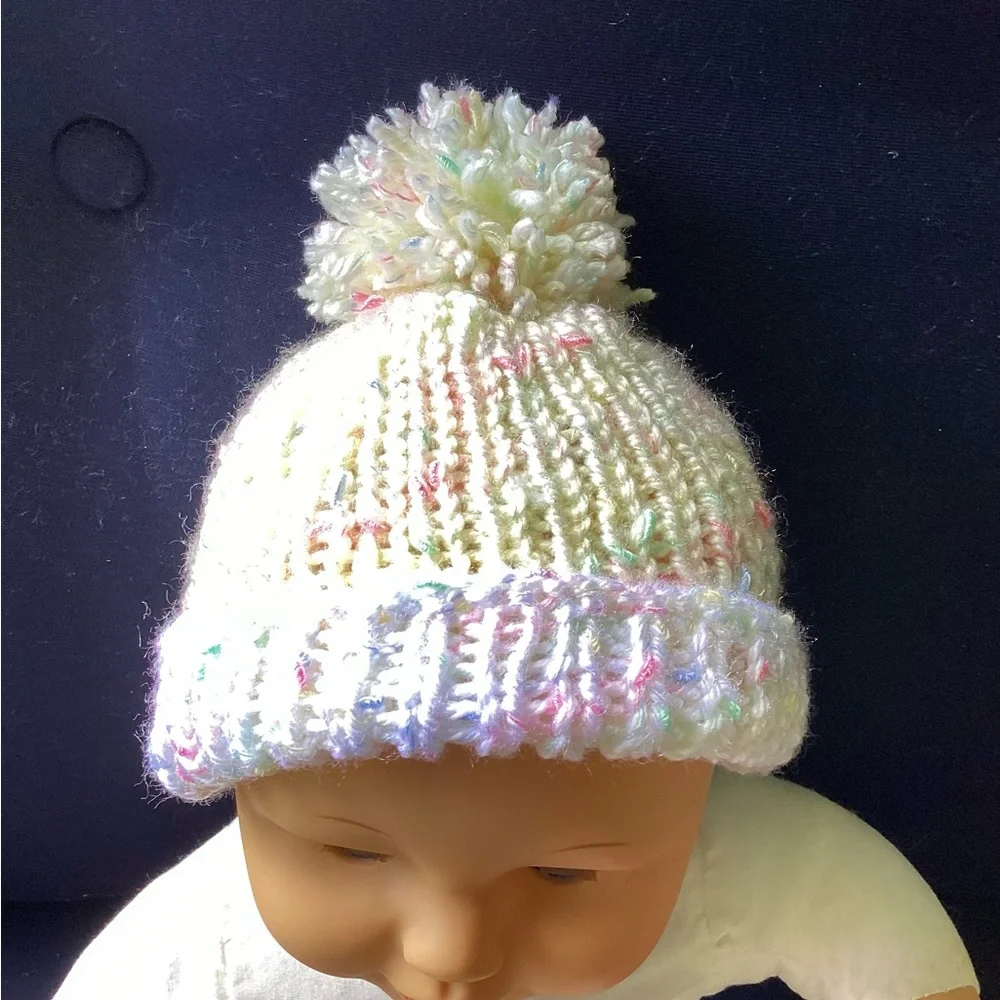 Baby Beanie Hat Hand Crafted Yellow White PomPom Knit